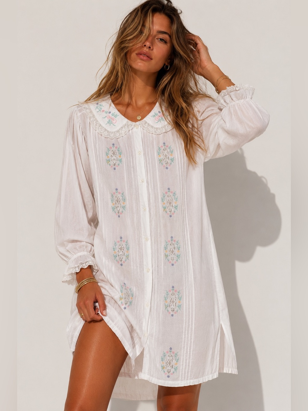 Vintage Cottagecore White Cotton Nightgown Floral Embroidered Lace Trim